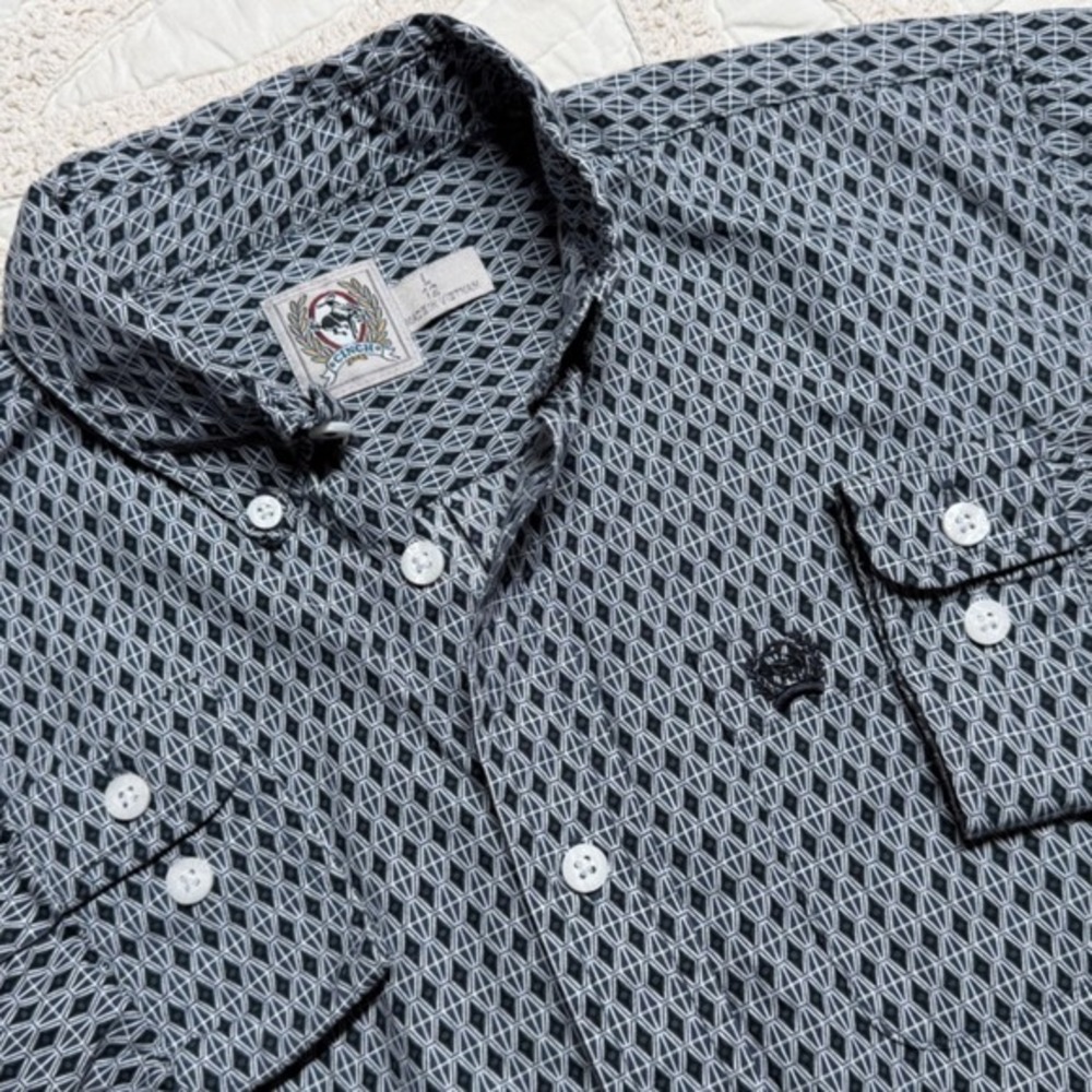 Cinch Western Rodeo Navy Geometric Diamond Print Button Down Shirt Boys Large 12